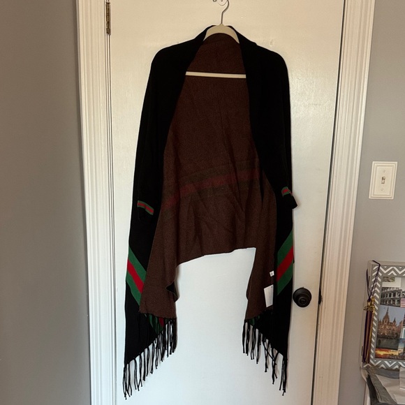 NWT- Chic Black and Brown Women's Cape with Green and Red Accents - Picture 1 of 4